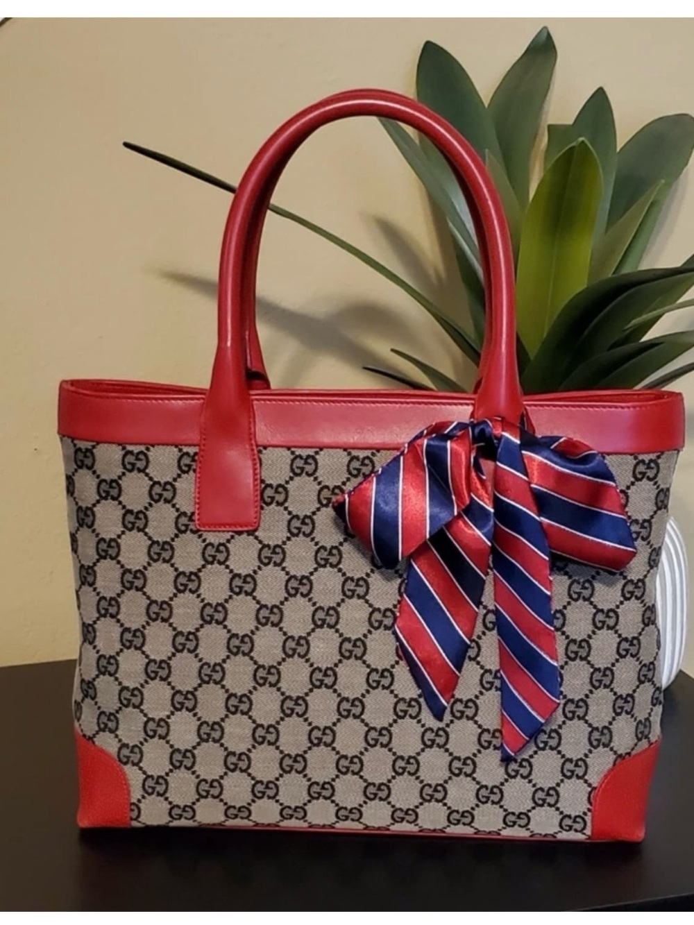 Gucci Beige GG Canvas Tote with Red Leather Trim and Navy-Red Bow